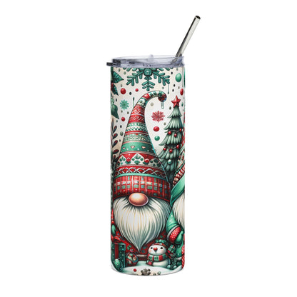 Tumbler with Christmas gnomes, trees, gifts, and snowflakes design.