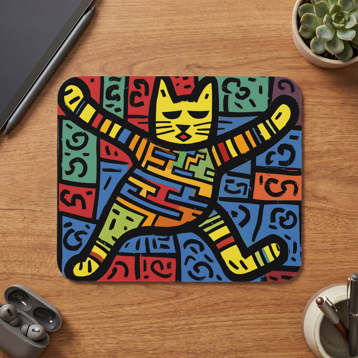 Colorful pop art mousepad featuring a yellow cat with outstretched arms on a wooden desk.
