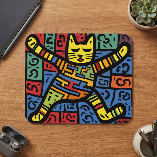 Colorful pop art mousepad featuring a yellow cat with outstretched arms on a wooden desk.