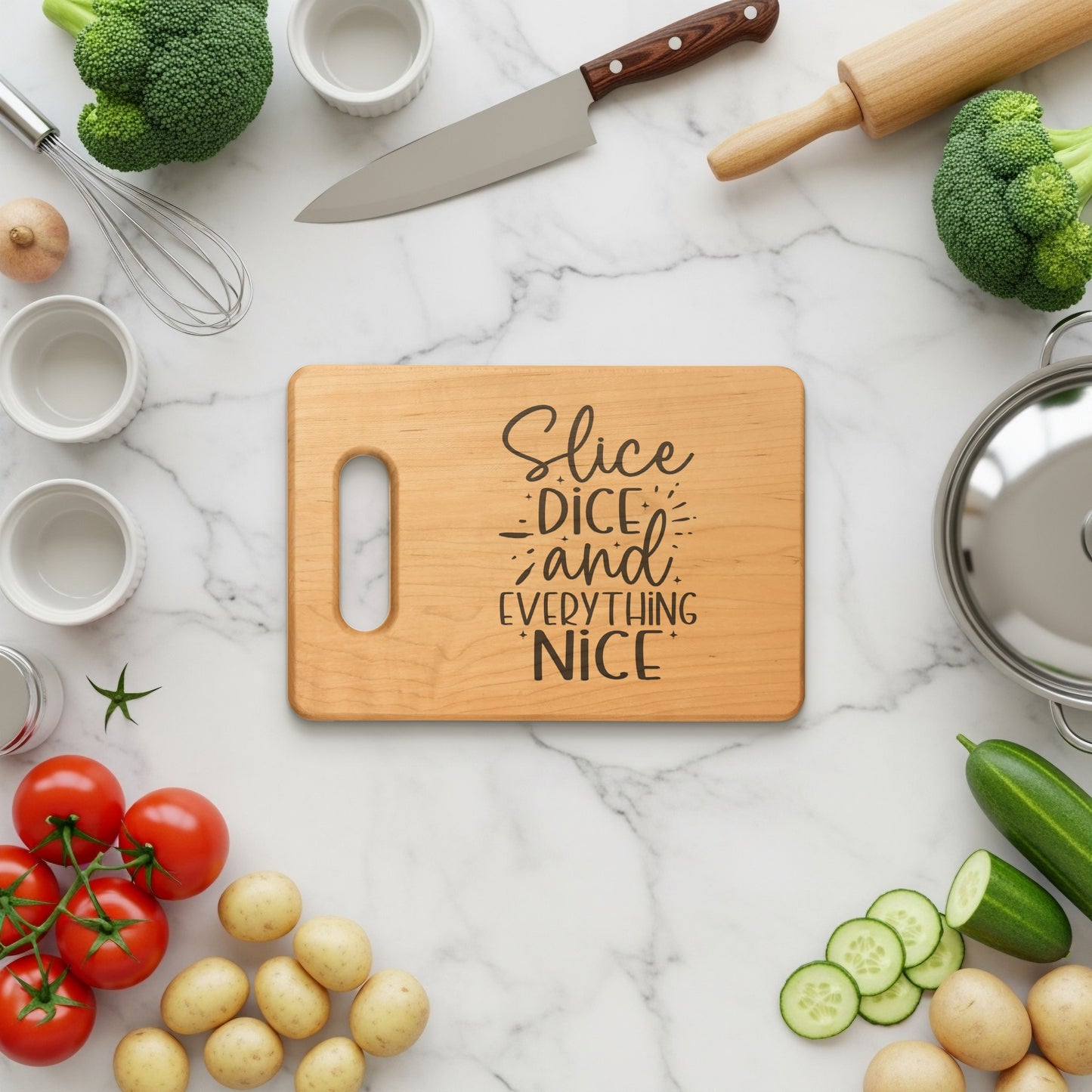 Cutting board with text "Slice DICE and EVERYTHING NICE" surrounded by ingredients.