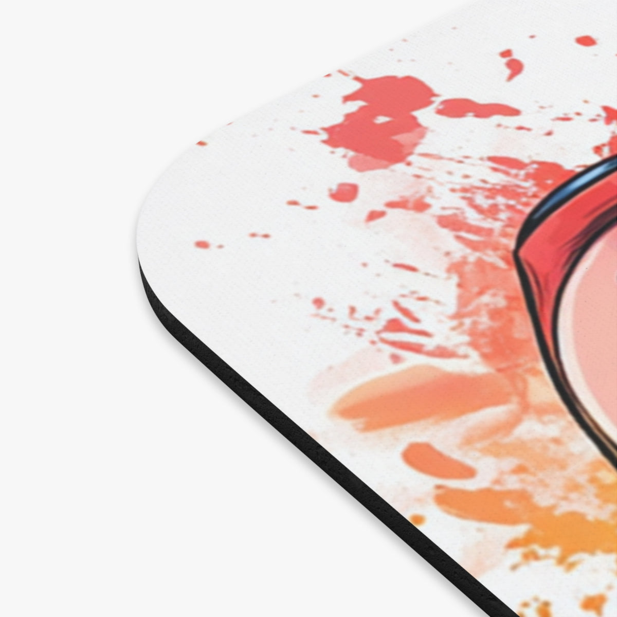 Mousepad with abstract red and orange watercolor splatters and a partial anime character.