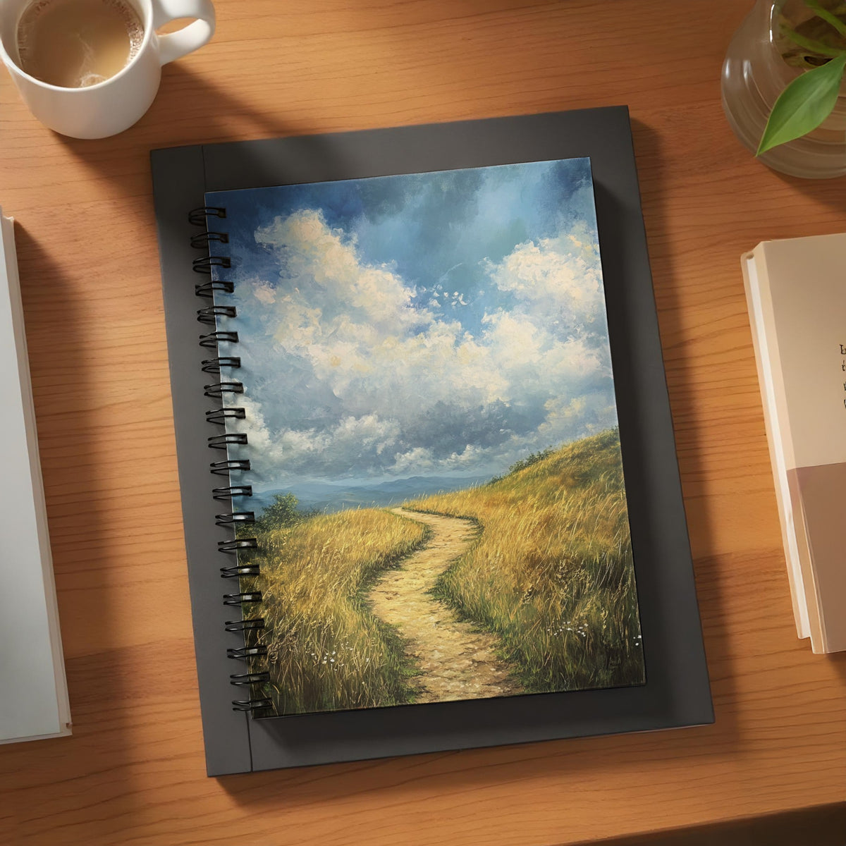 Spiral-bound notebook with a painting of a path through golden fields and sky.
