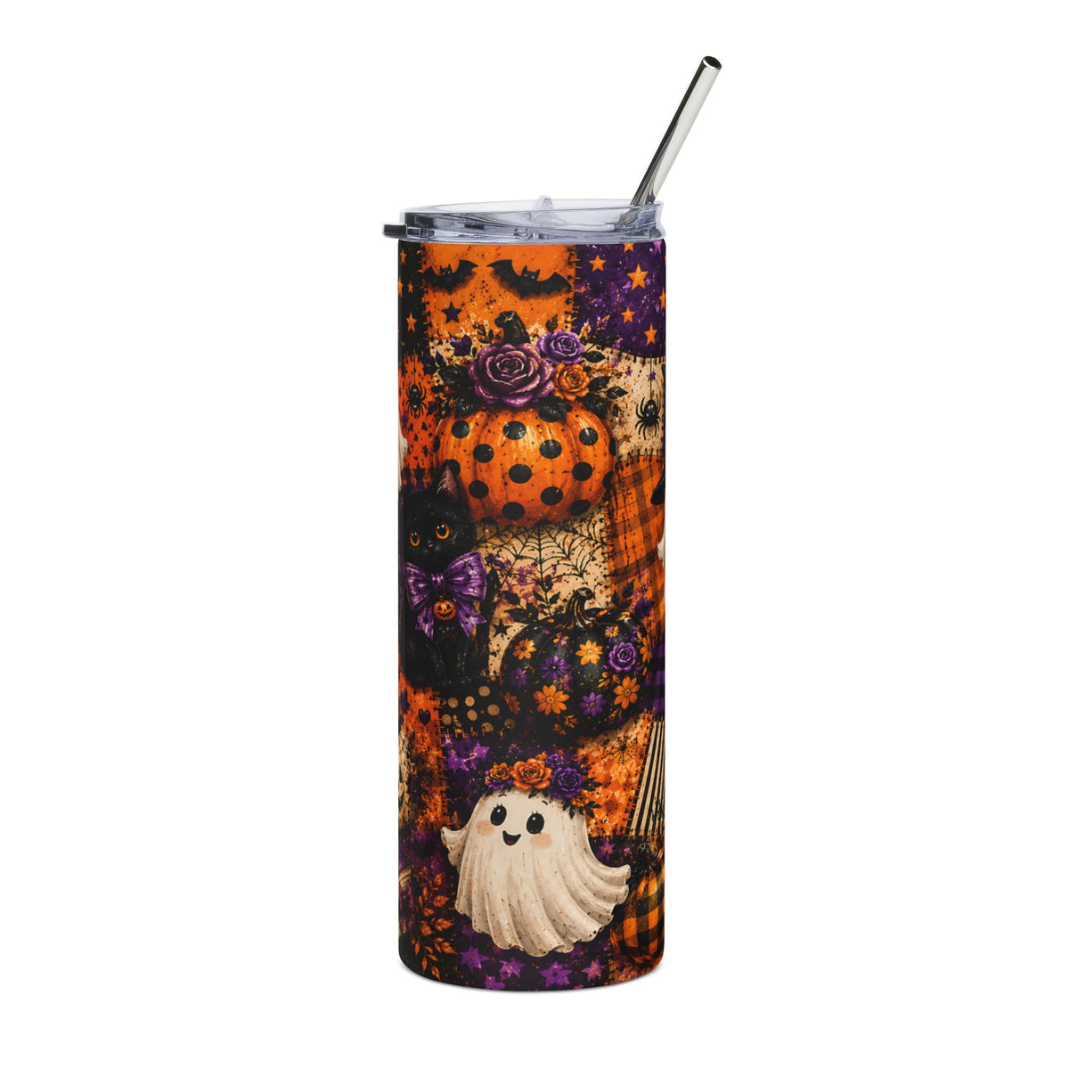 Tumbler with Halloween-themed patchwork pattern featuring pumpkins, a black cat, and a ghost.