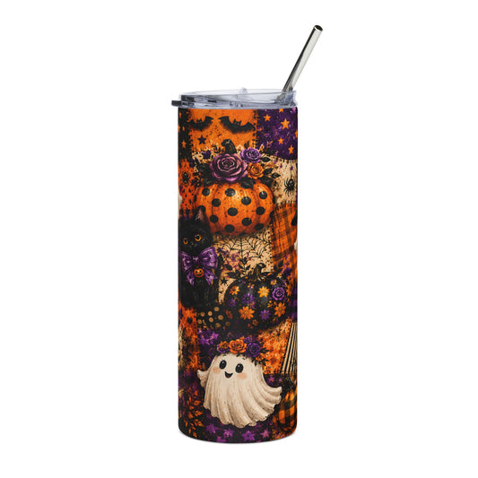Tumbler with Halloween-themed patchwork pattern featuring pumpkins, a black cat, and a ghost.