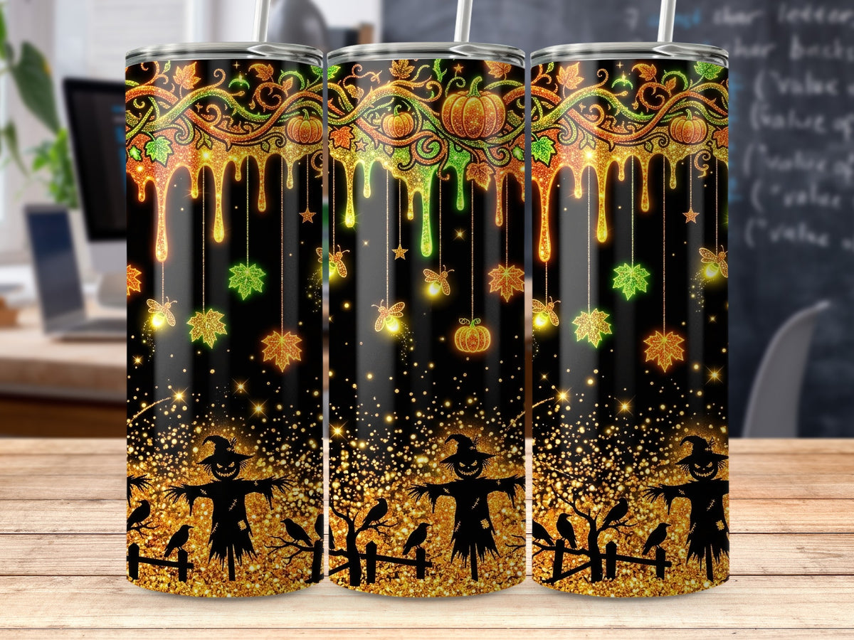 Three tumblers with a Halloween design featuring scarecrows, crows, and glitter.