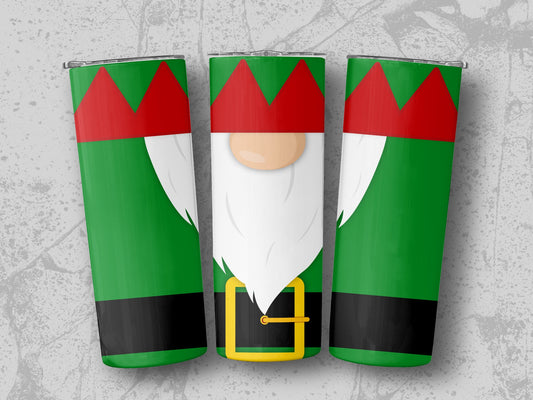 Three tumblers with a gnome design featuring red hats and green suits.