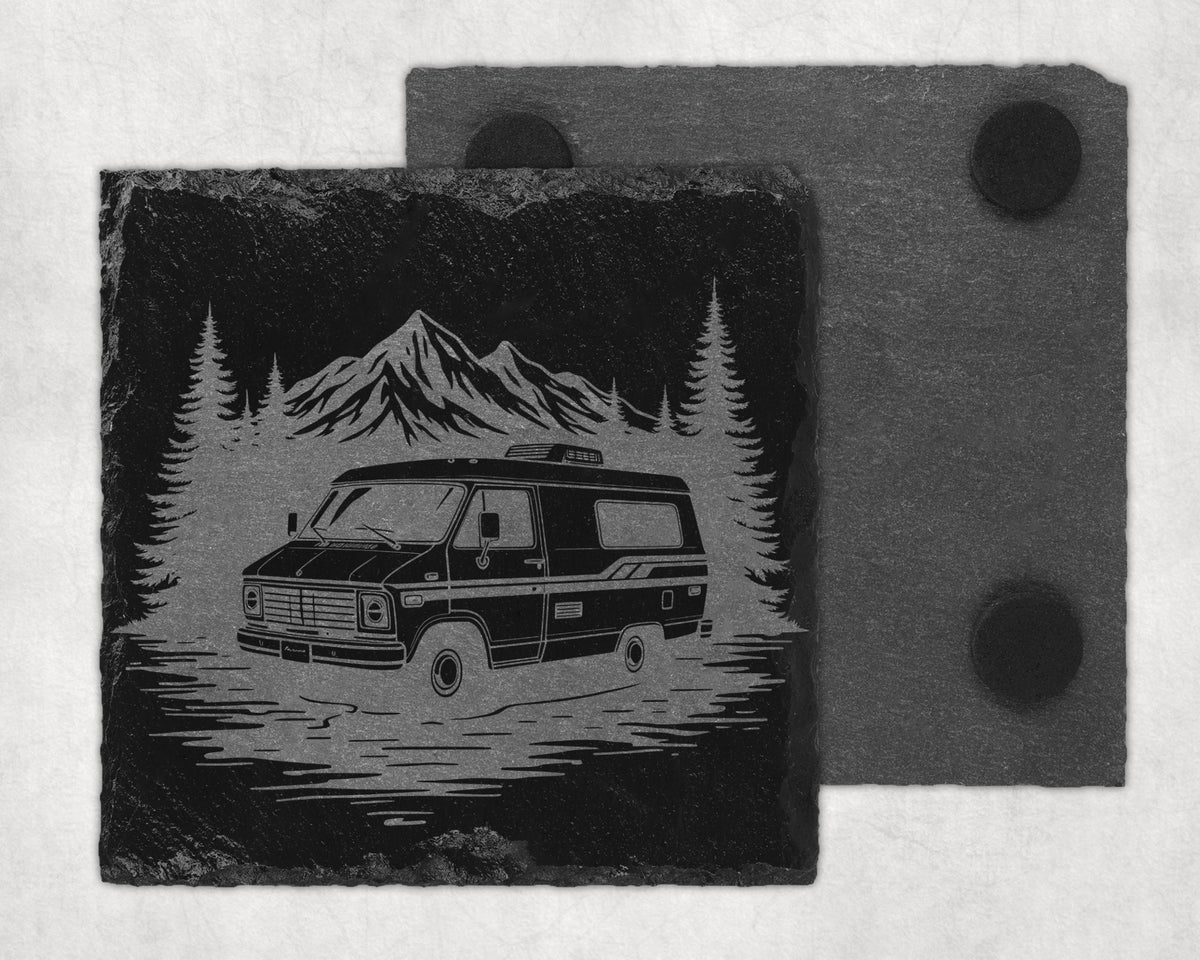 Slate coaster with etched image of van, trees, and mountains in a landscape.