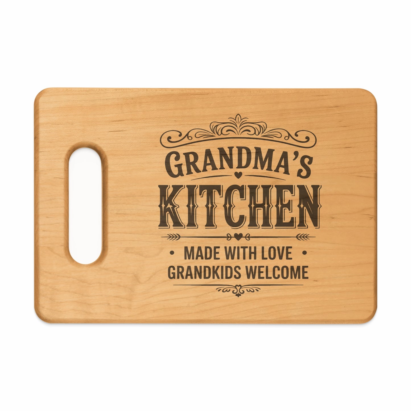 Wooden cutting board with text "Grandma's Kitchen Made With Love Grandkids Welcome".