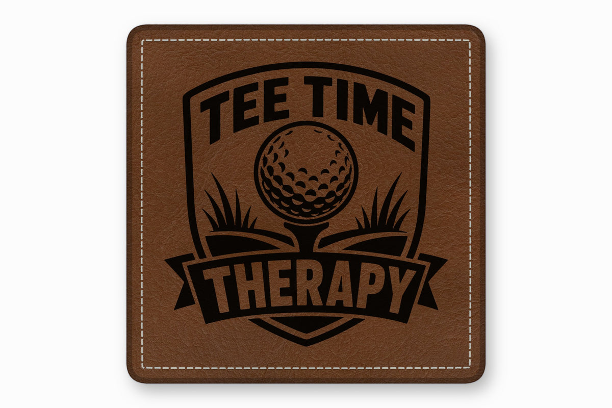 Square brown leather patch with white stitched border and black Tee Time Therapy golf design.