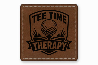 Square brown leather patch with white stitched border and black Tee Time Therapy golf design.