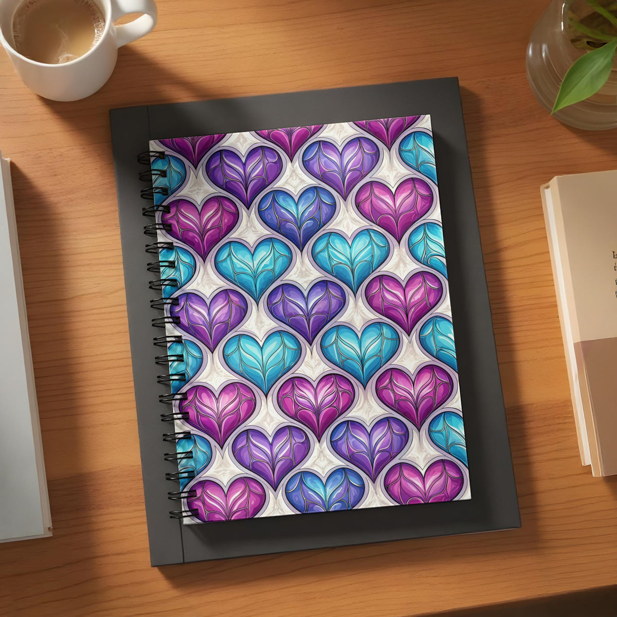 Notebook with a pattern of stained glass hearts in purple and teal.