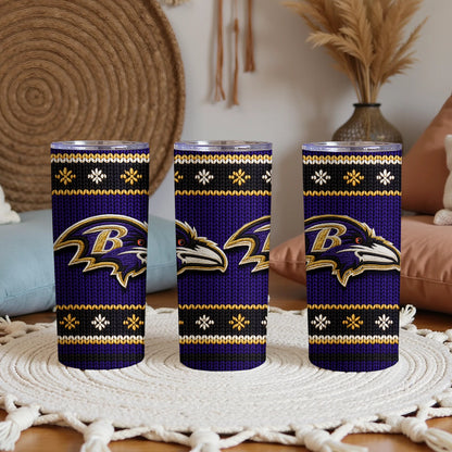 Three Ravens tumblers with a purple knit design and Baltimore Ravens logos.