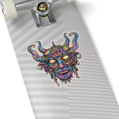 Colorful psychedelic demon face sticker on a skateboard deck.