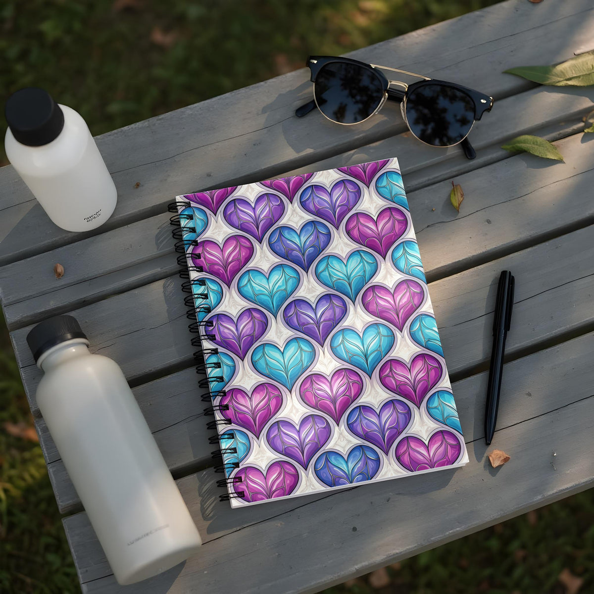 Spiral notebook with a pattern of purple and teal hearts on a light background.