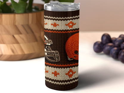 Browns helmet and logo on a dark brown tumbler with a knitted pattern.