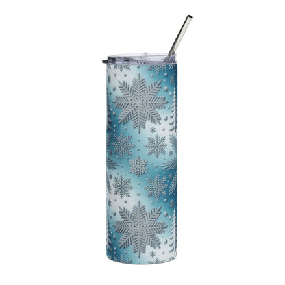 Tall tumbler with a clear lid and metal straw featuring a blue gradient and silver snowflake pattern.