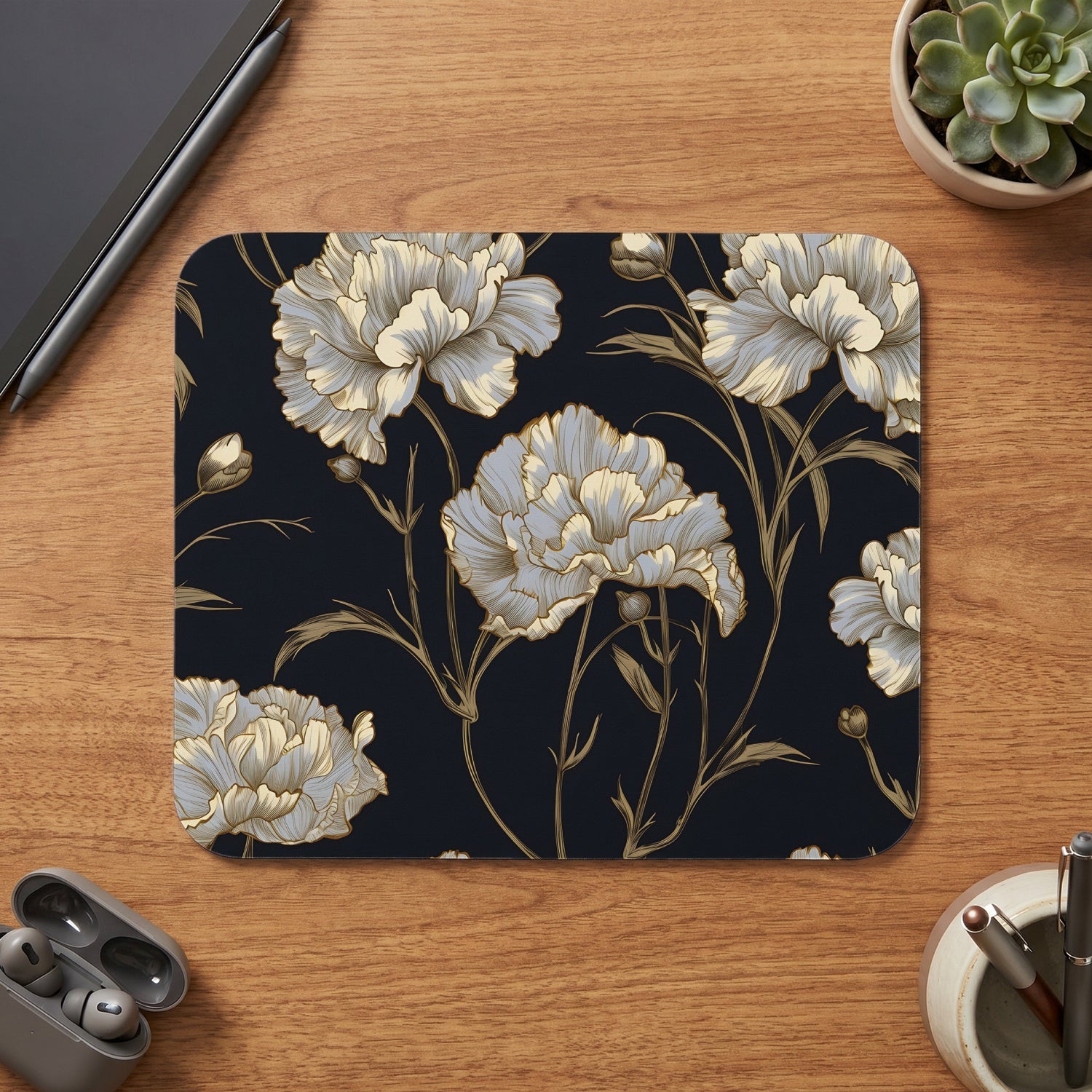 Dark mousepad with a floral pattern of white and gold peonies.