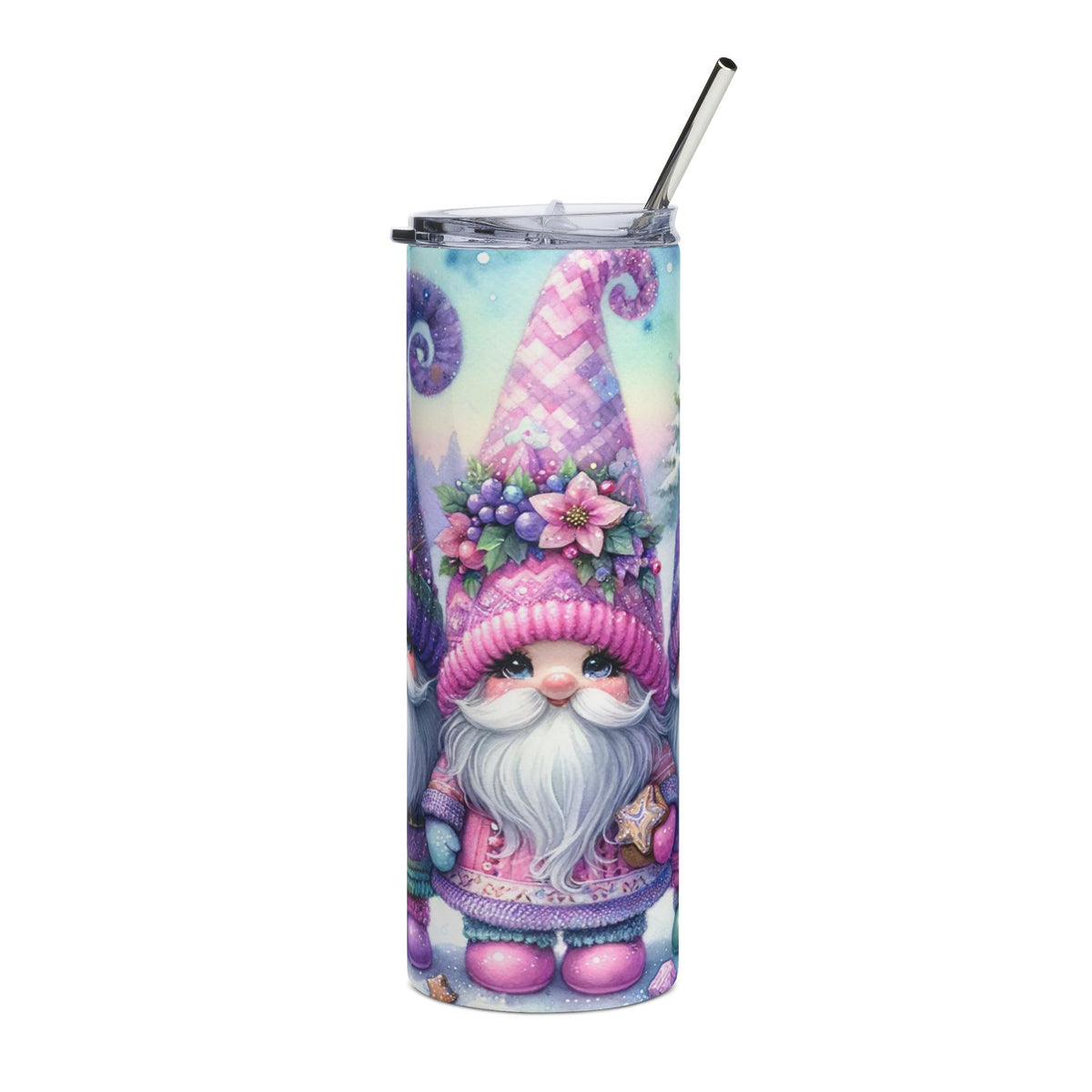 Tumbler with a watercolor gnome wearing a pink hat and holding a gingerbread cookie.
