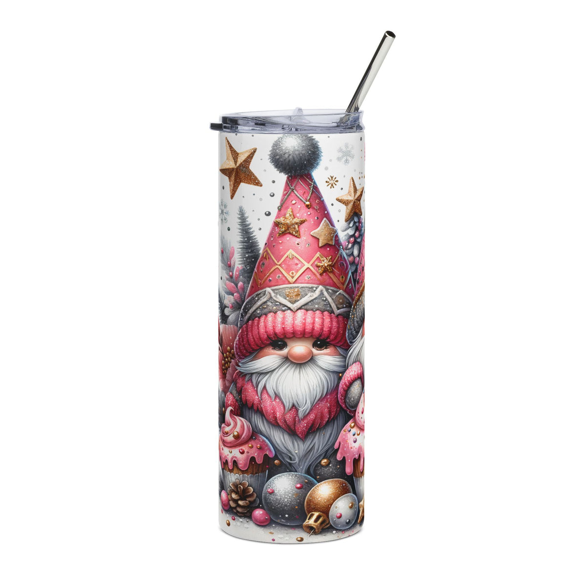 Tumbler with a Christmas gnome, presents, cupcakes, and snowflakes design.