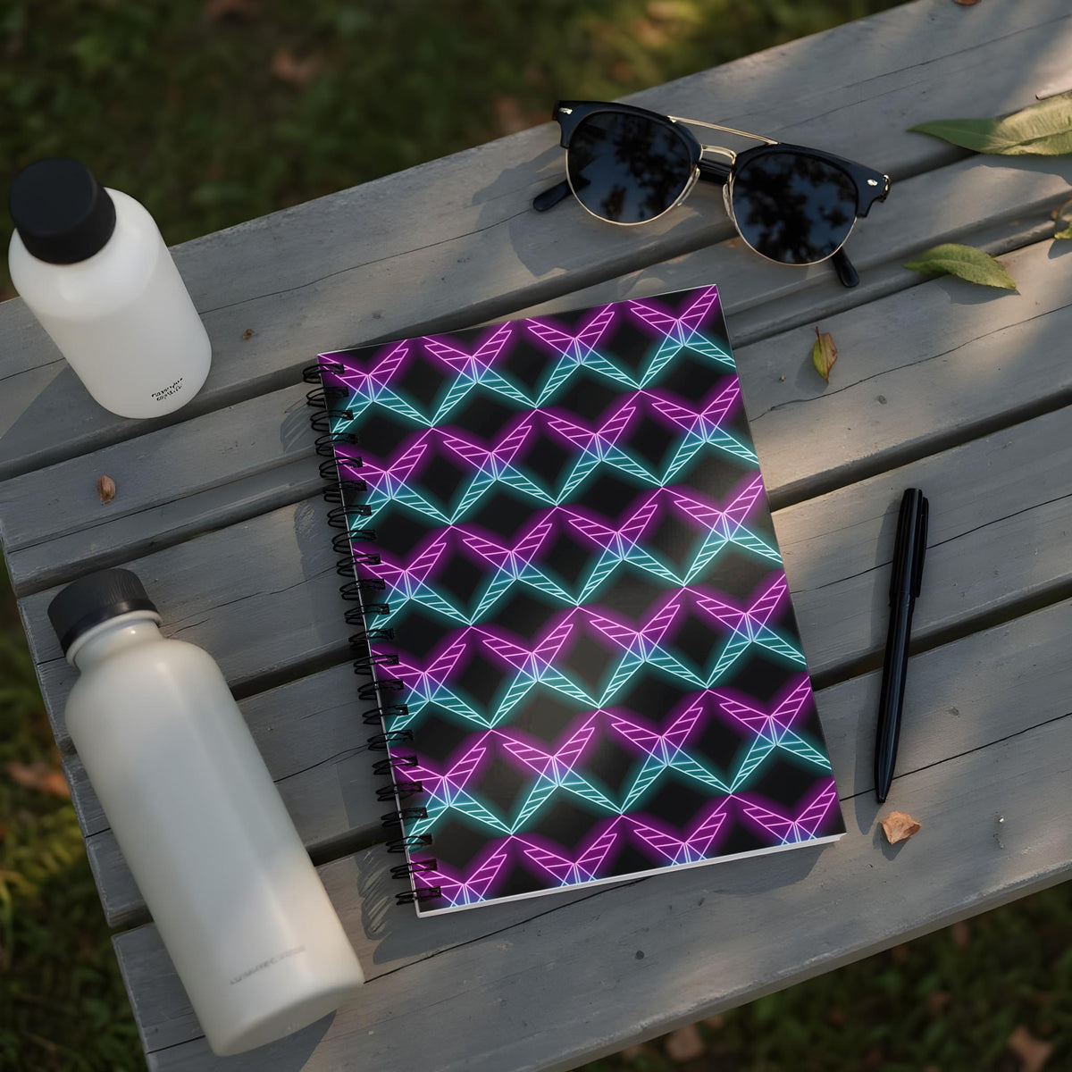 Notebook with geometric neon pattern, two water bottles, and sunglasses on a wooden surface.