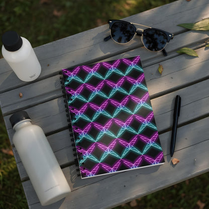 Notebook with geometric neon pattern, two water bottles, and sunglasses on a wooden surface.