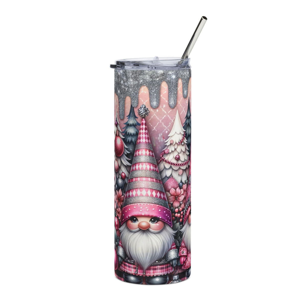 Pink and silver tumbler with Christmas gnome and tree pattern, includes metal straw.