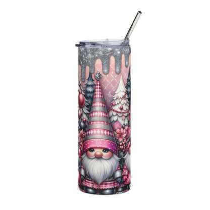 Pink and silver tumbler with Christmas gnome and tree pattern, includes metal straw.