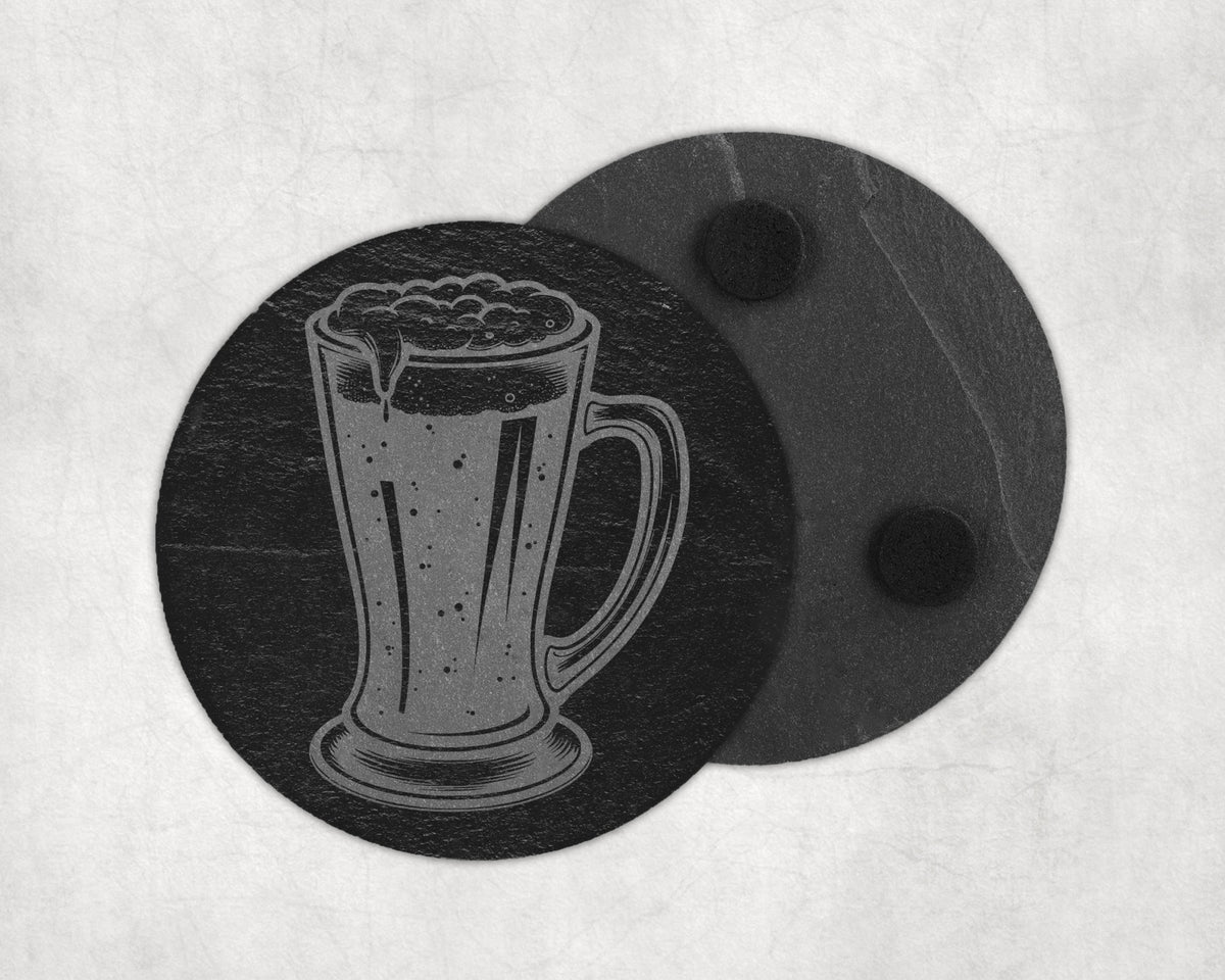 Slate coaster with etched beer mug design and another coaster with foam feet.