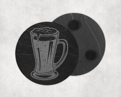 Slate coaster with etched beer mug design and another coaster with foam feet.