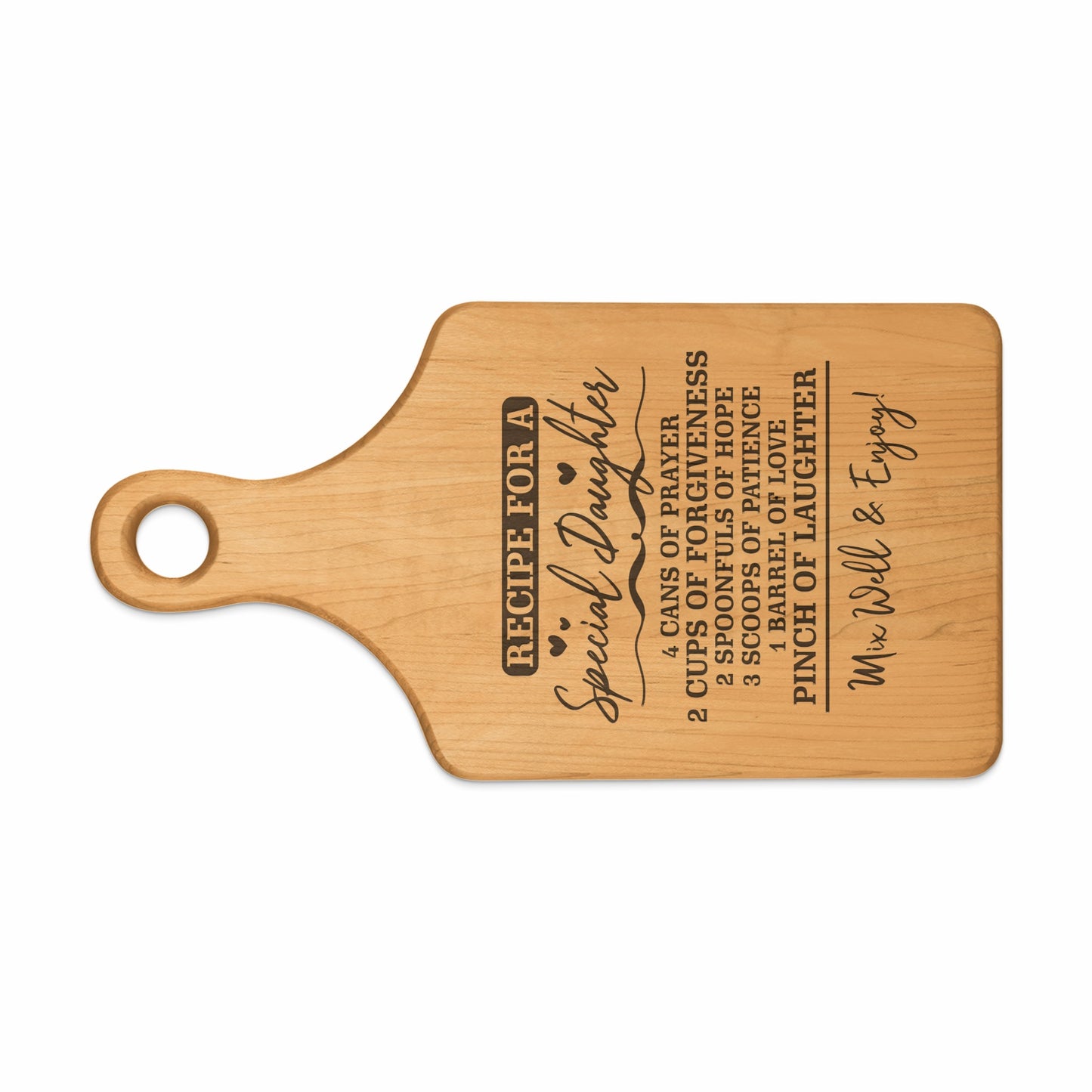 Wooden cutting board with "Recipe for a Special Daughter" and ingredients.