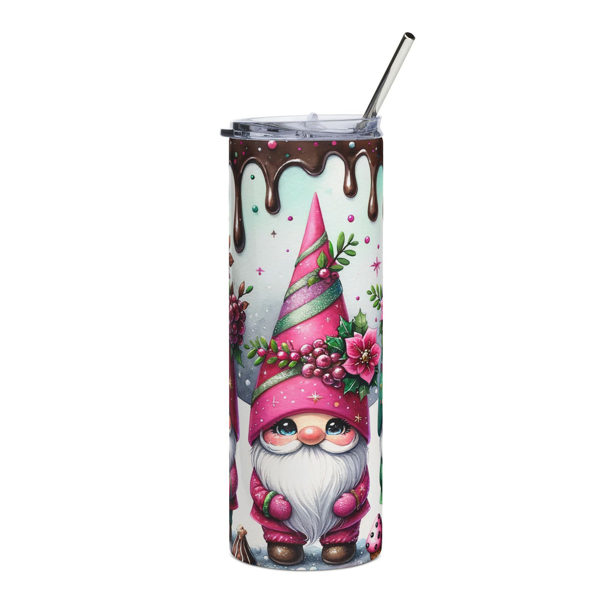 Tumbler with dripping chocolate lid design featuring a cute gnome in a pink hat and outfit.
