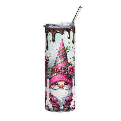 Tumbler with dripping chocolate lid design featuring a cute gnome in a pink hat and outfit.
