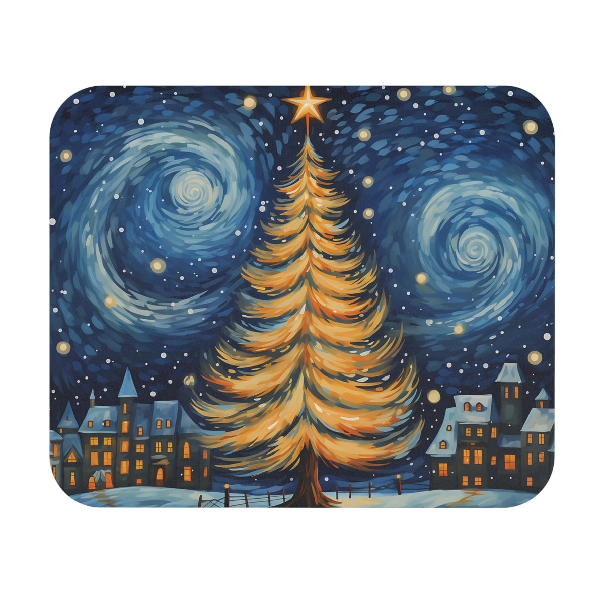 Christmas tree with star over snow-covered village under a swirling starry night sky.