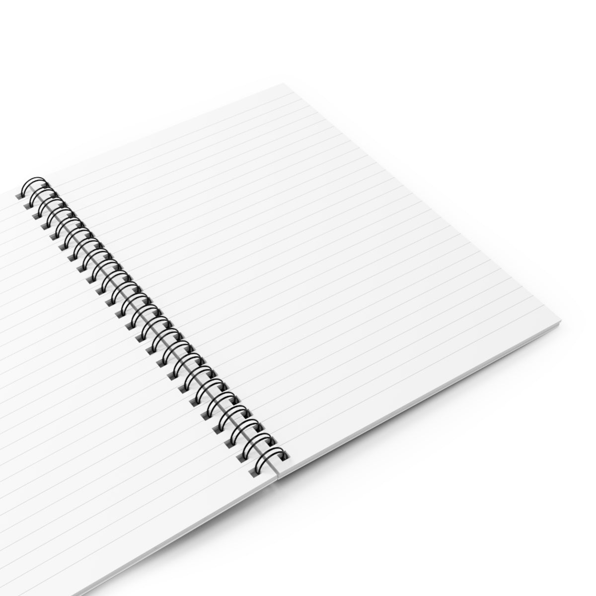Open spiral notebook with lined white pages against a white background.