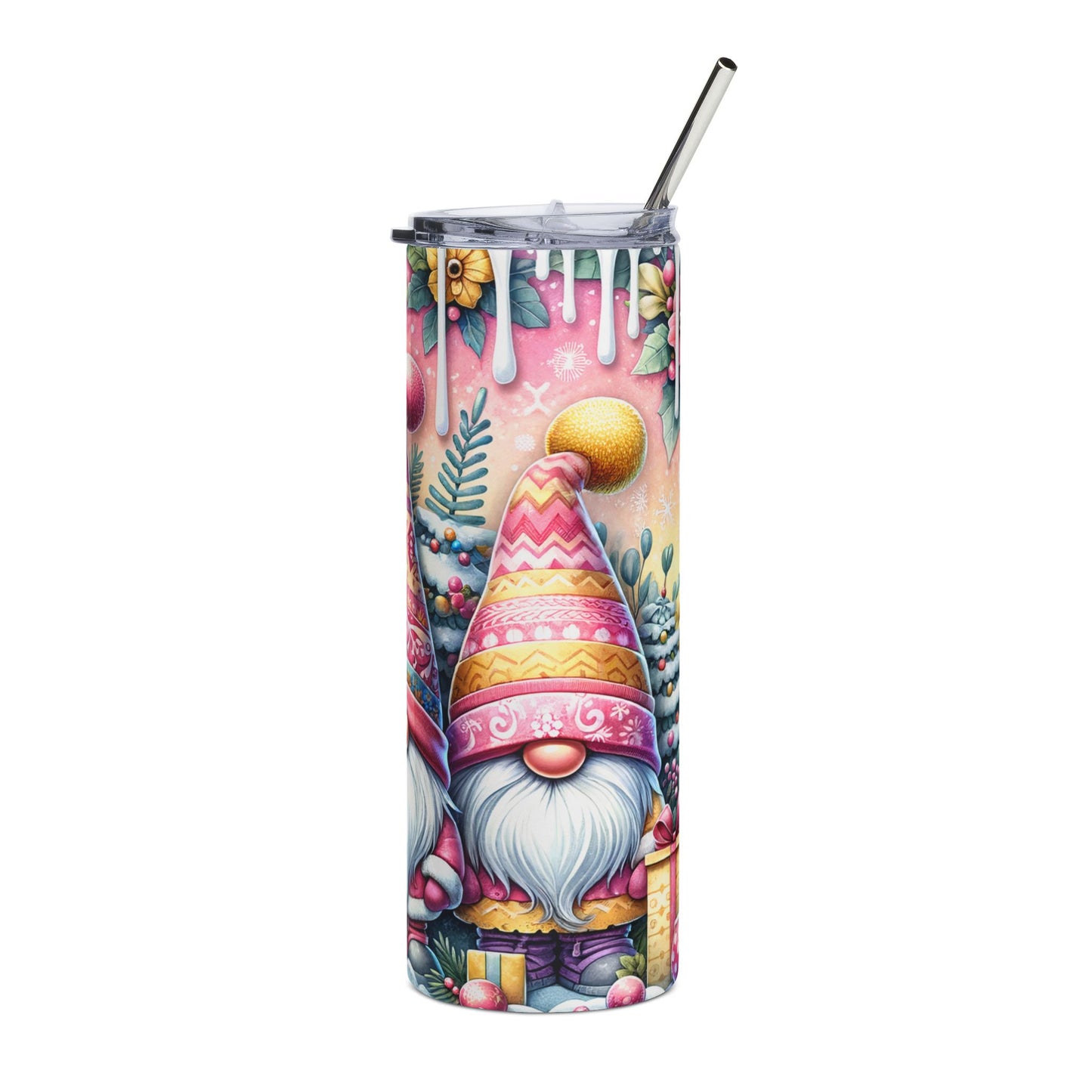 Tumbler with watercolor gnomes, Christmas trees, gifts, and festive details.