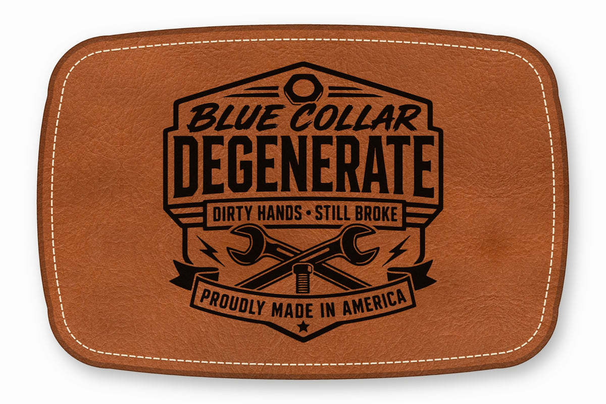 Brown leather patch with rounded corners, white stitching, and a black printed mechanical design featuring tools and text.