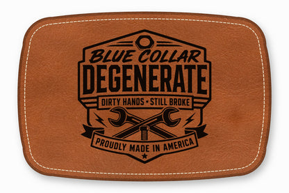 Brown leather patch with rounded corners, white stitching, and a black printed mechanical design featuring tools and text.