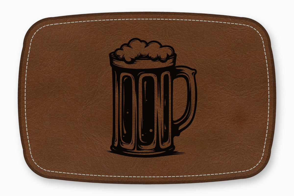 Brown leather patch with rounded corners featuring a stitched border and a black beer mug graphic.
