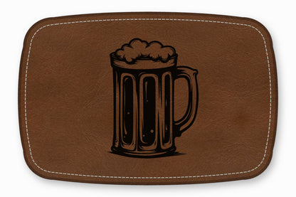 Brown leather patch with rounded corners featuring a stitched border and a black beer mug graphic.