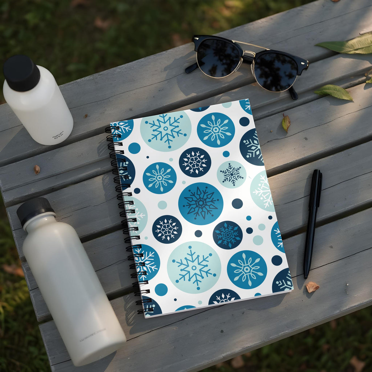 Spiral notebook with a blue snowflake pattern on a wooden table.