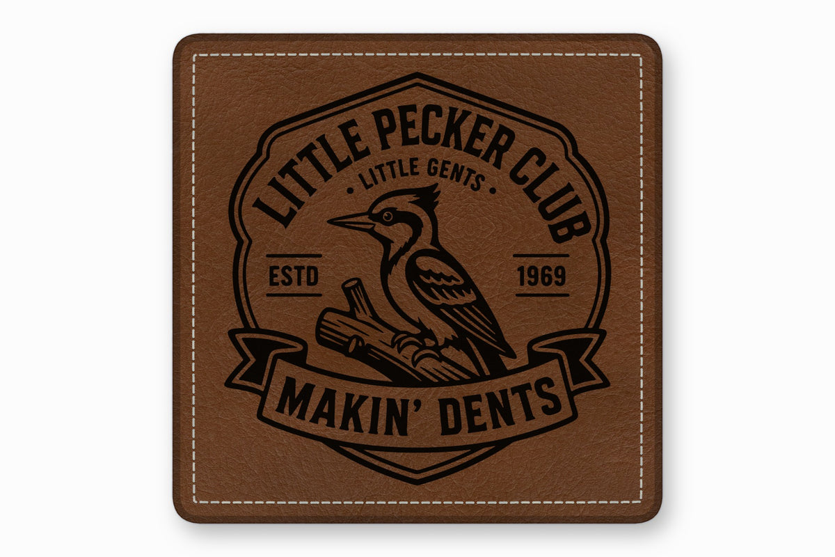 Brown square leather patch with white stitched borders and a black woodpecker emblem reading Little Pecker Club.