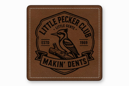 Brown square leather patch with white stitched borders and a black woodpecker emblem reading Little Pecker Club.