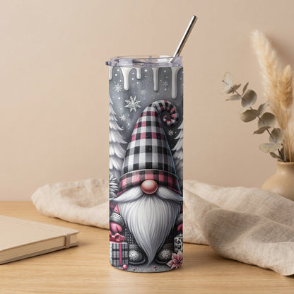 Tall tumbler with a Christmas gnome and snowflakes design, featuring a plaid hat and gifts.