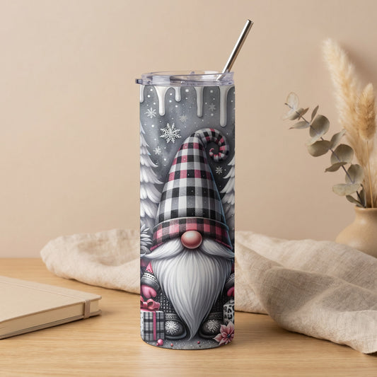Tall tumbler with a Christmas gnome and snowflakes design, featuring a plaid hat and gifts.
