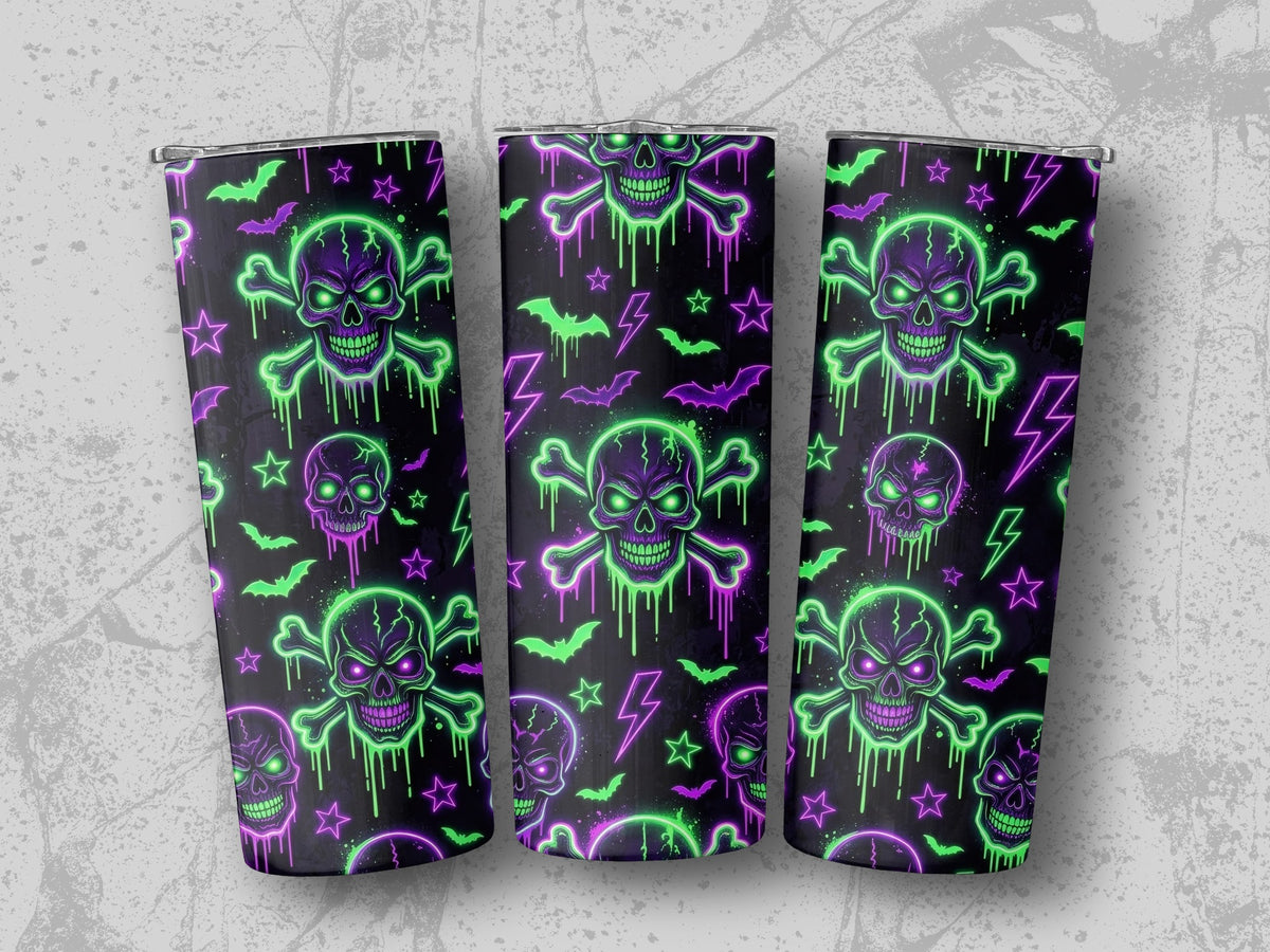 Three tumblers display a neon pattern of skulls, bats, stars, and lightning bolts.