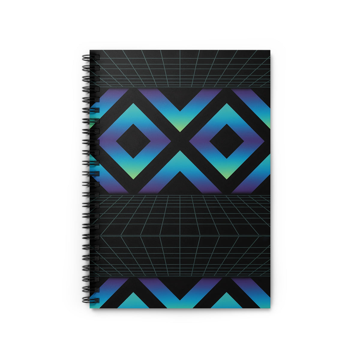 Notebook with black spiral binding and a retro grid design with blue and green geometric shapes.