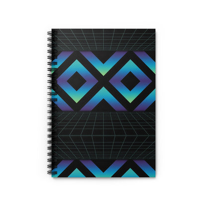 Notebook with black spiral binding and a retro grid design with blue and green geometric shapes.