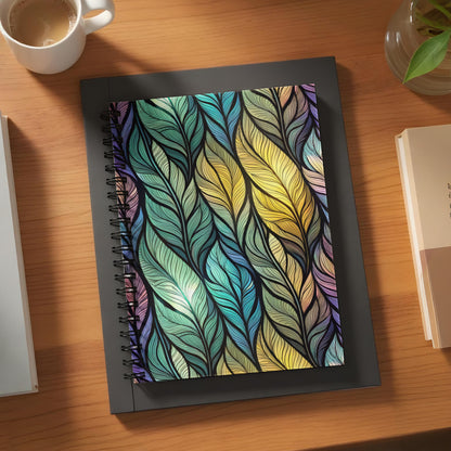 Spiral notebook with a colorful, abstract feather pattern on the cover.