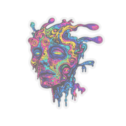 Psychedelic melting face art with vibrant rainbow colors and multiple eyes.
