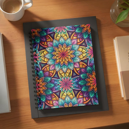Spiral notebook with colorful mandala pattern on a desk with coffee and books.